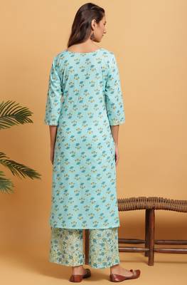 Janasya Turquoise floral print cotton salwar 3