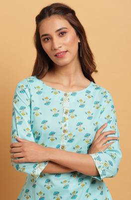 Janasya Turquoise floral print cotton salwar 4