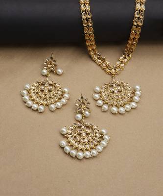 Gold Plated Antique Rani Haar Kundan White Pearl Drop Necklace Set 5