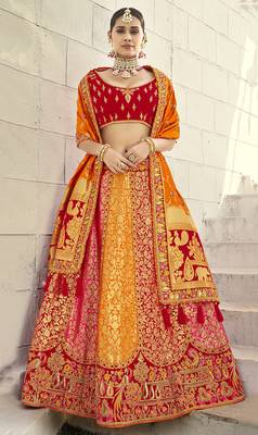 Orange embroidered silk semi stitched lehenga 1