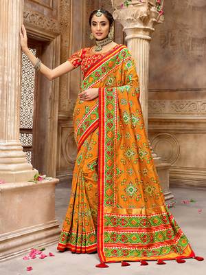 Mustard embroidered silk saree with blouse 1