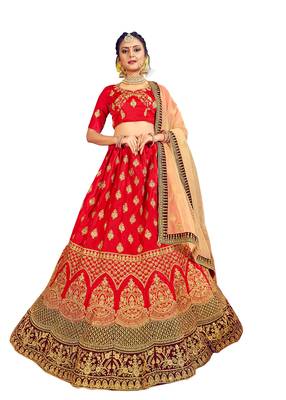 Red thread embroidery silk unstitched lehenga 1