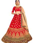 Red thread embroidery silk unstitched lehenga