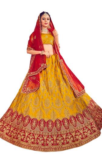 Golden thread embroidery Art Silk unstitched lehenga