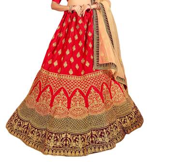 Red thread embroidery silk unstitched lehenga 2