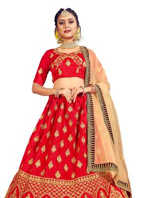Red thread embroidery silk unstitched lehenga 3