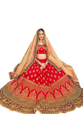 Red thread embroidery silk unstitched lehenga 4