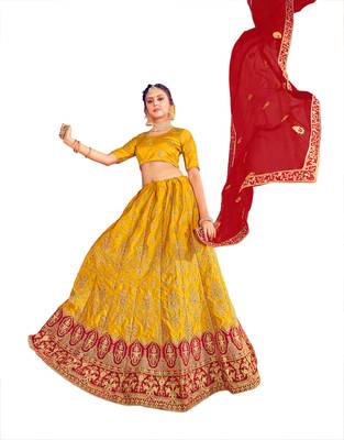 Golden thread embroidery Art Silk lehenga 4