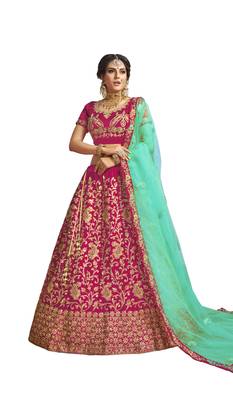Pink thread embroidery satin lehenga 1