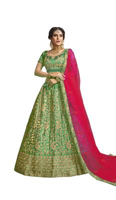 Green thread embroidery satin lehenga 1
