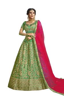 Green thread embroidery satin unstitched lehenga