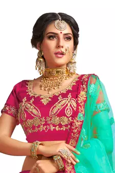 Pink thread embroidery satin lehenga