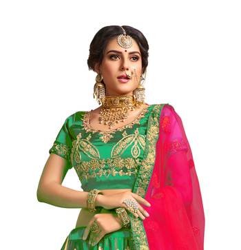 Green thread embroidery satin lehenga 2