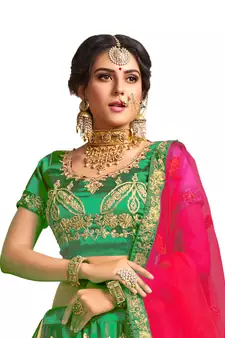Green thread embroidery satin lehenga