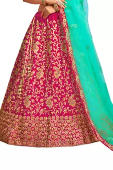 Pink thread embroidery satin lehenga