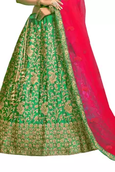 Green thread embroidery satin lehenga