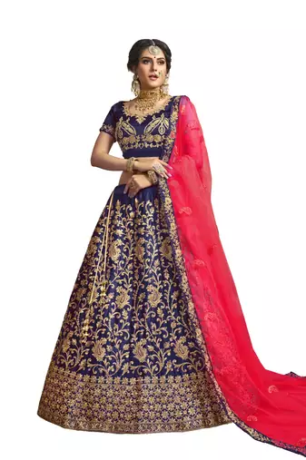 Blue thread embroidery satin unstitched lehenga