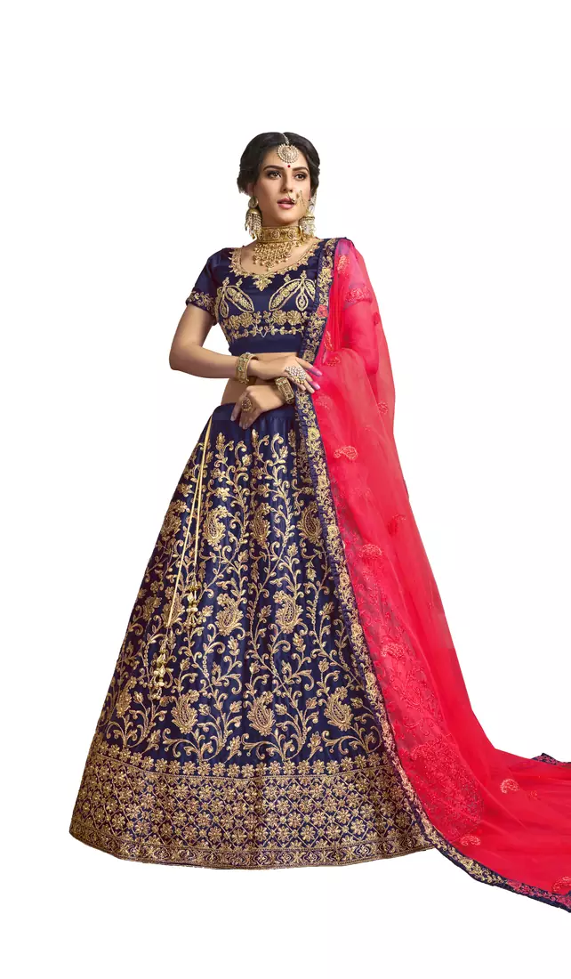 Blue thread embroidery satin unstitched lehenga