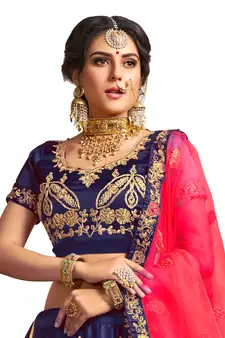 Blue thread embroidery satin lehenga