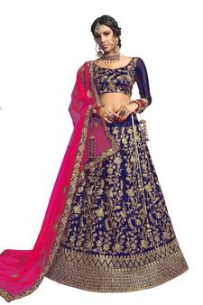 Blue thread embroidery satin unstitched lehenga