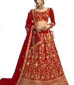 Red thread embroidery satin unstitched lehenga