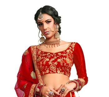 Red thread embroidery satin unstitched lehenga 2