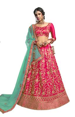 Pink thread embroidery satin unstitched lehenga 1