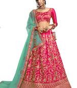 Pink thread embroidery satin unstitched lehenga