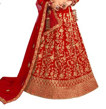 Red thread embroidery satin unstitched lehenga 3