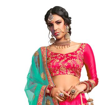 Pink thread embroidery satin unstitched lehenga 2
