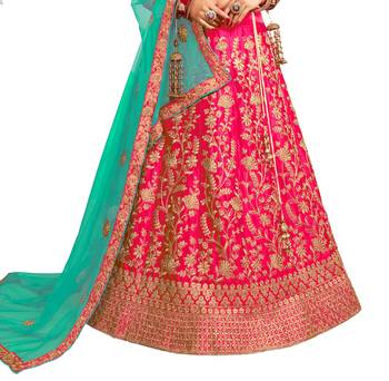 Pink thread embroidery satin unstitched lehenga 3