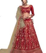 Maroon thread embroidery satin unstitched lehenga