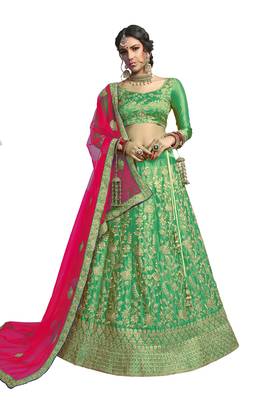 Green thread embroidery satin lehenga 1