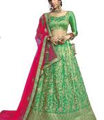 Green thread embroidery satin unstitched lehenga