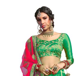 Green thread embroidery satin lehenga 2
