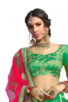 Green thread embroidery satin lehenga