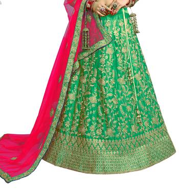 Green thread embroidery satin lehenga 3