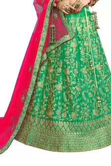Green thread embroidery satin lehenga