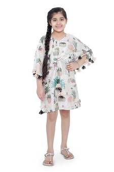 PS Kids White Colour Printed Silkmul Kaftaan for Girls