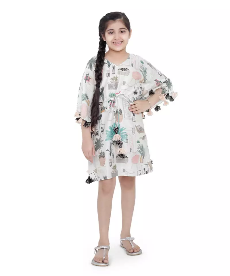 PS Kids White Colour Printed Silkmul Kaftaan for Girls