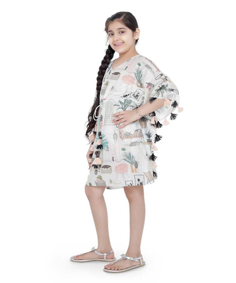 PS Kids White Colour Printed Silkmul Kaftaan for Girls