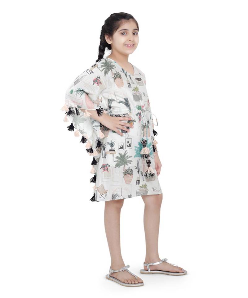 PS Kids White Colour Printed Silkmul Kaftaan for Girls