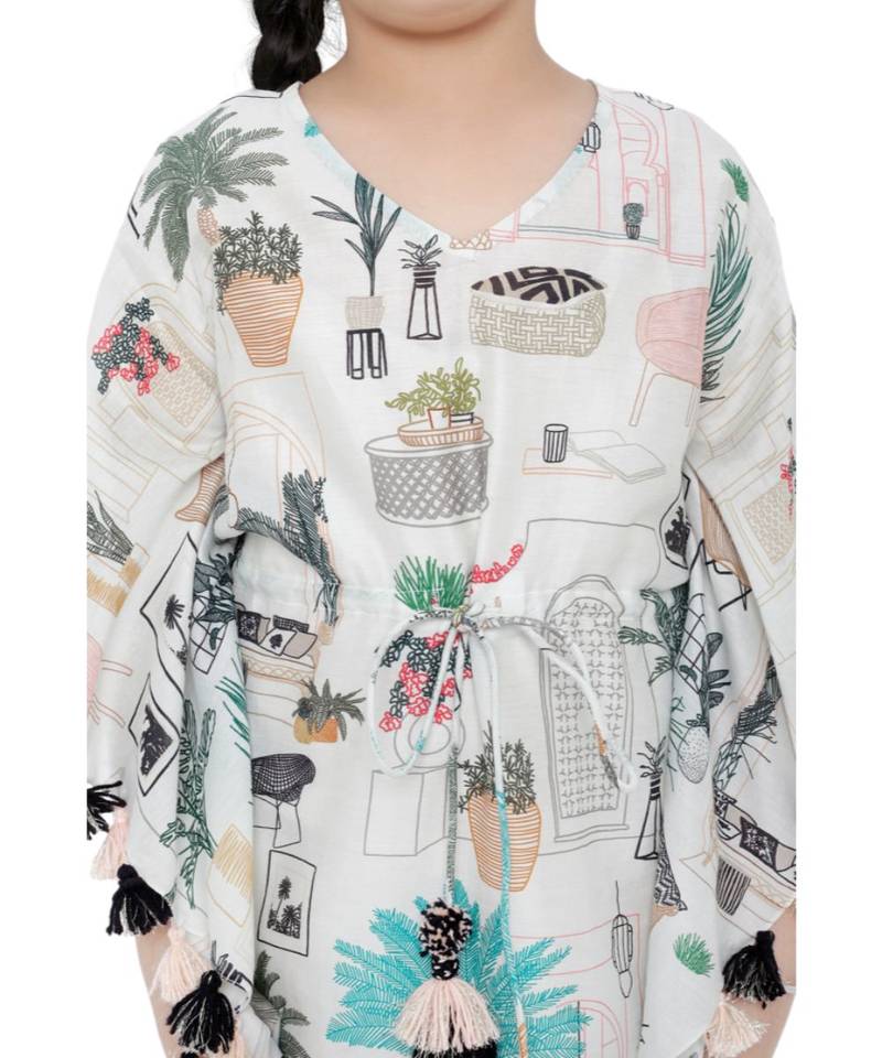 PS Kids White Colour Printed Silkmul Kaftaan for Girls
