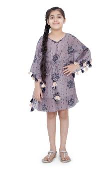 PS Kids Purple Colour Printed Silkmul Kaftaan for Girls