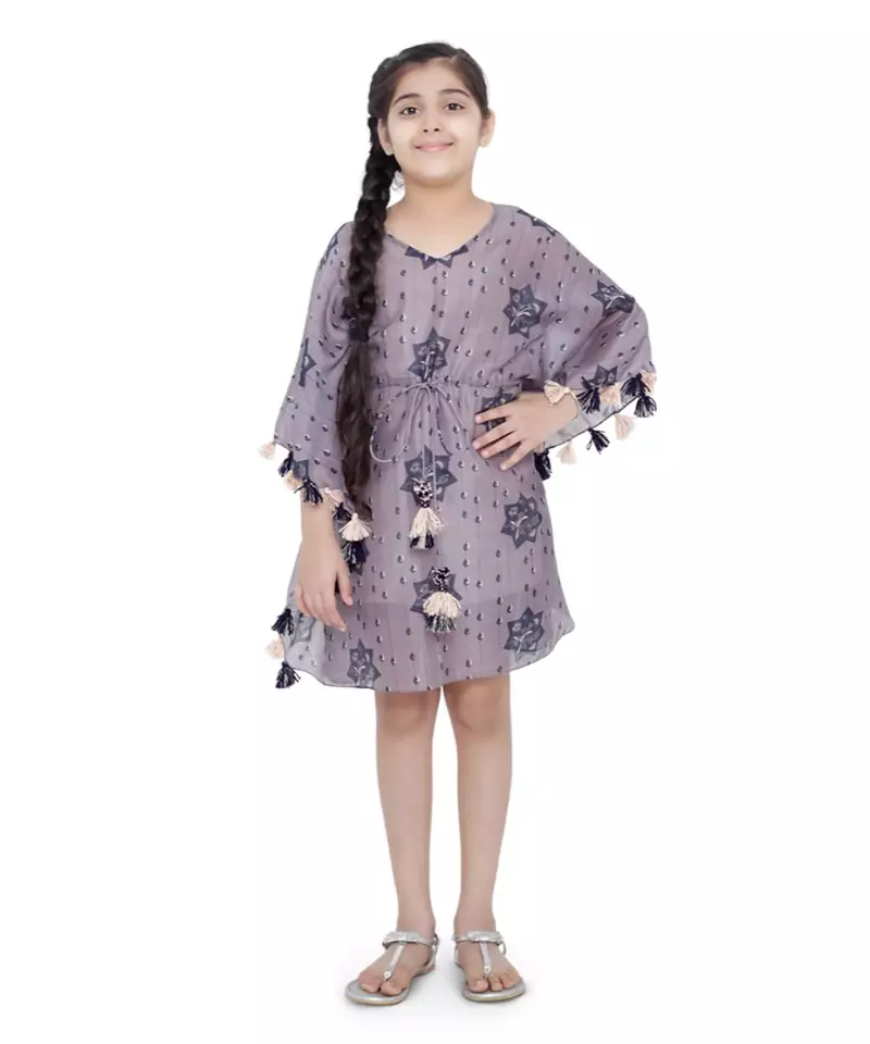 PS Kids Purple Colour Printed Silkmul Kaftaan for Girls