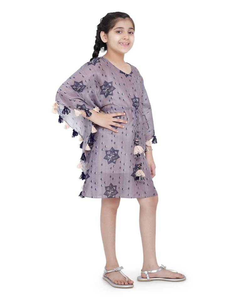 PS Kids Purple Colour Printed Silkmul Kaftaan for Girls