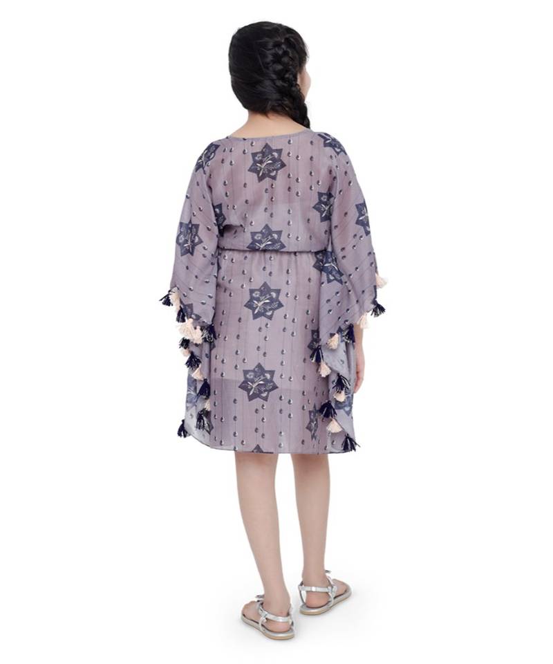 PS Kids Purple Colour Printed Silkmul Kaftaan for Girls