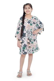 PS Kids White Colour Printed Silkmul Kaftaan for Girls