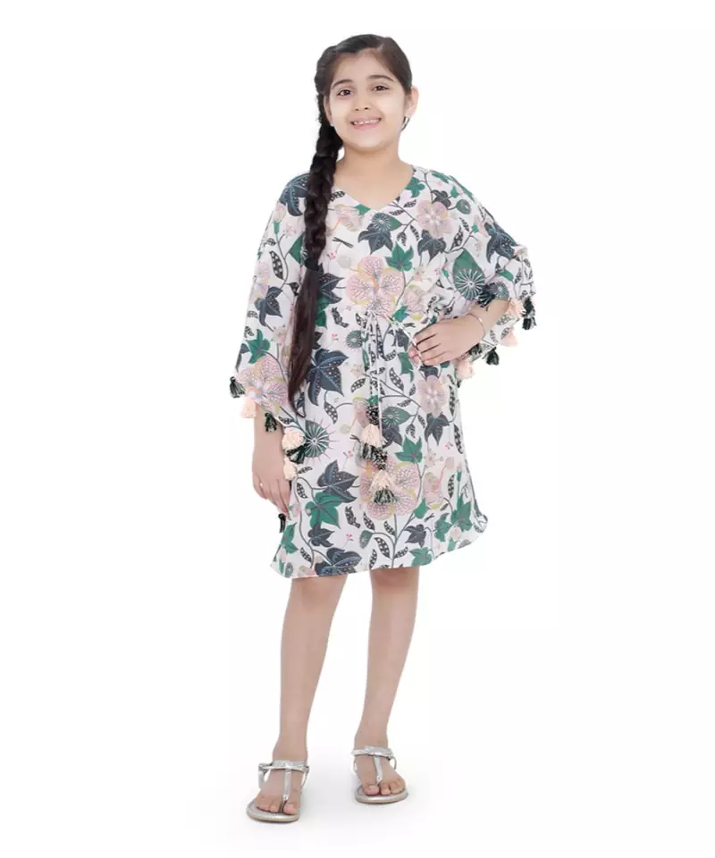 PS Kids White Colour Printed Silkmul Kaftaan for Girls