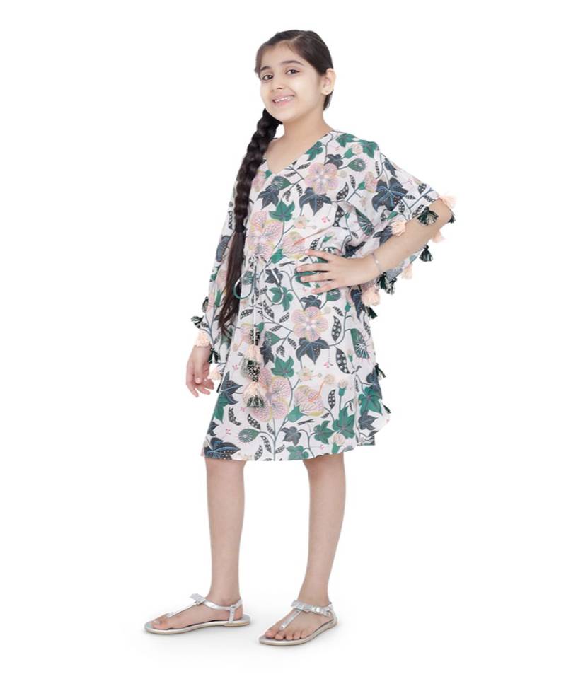 PS Kids White Colour Printed Silkmul Kaftaan for Girls